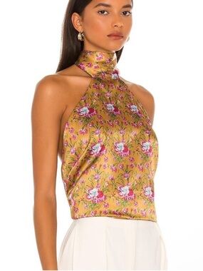 Loveshackfancy Boca Satin Halter High Neck Blouse Floral Print